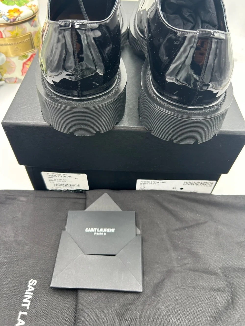 Men’s St. Laurent Black Patent Leather Derby Lace-Ups.  Size 43/10 US.